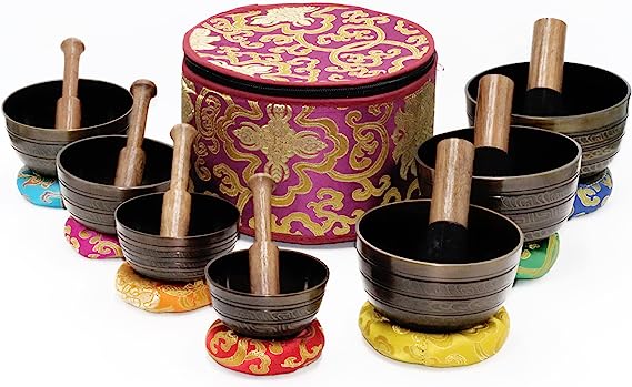 Tibetan Singing Bowl - Set of 7 - High Sided Black with Purple Carry Box by Singing Bowls House Nepal