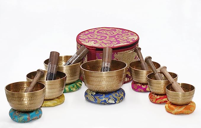 Tibetan Singing Bowl - Set of 7 - High Sided with Carry Box by Singing Bowls House Nepal