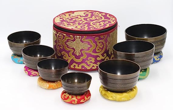 Tibetan Singing Bowl - Set of 7 - High Sided Black with Purple Carry Box by Singing Bowls House Nepal