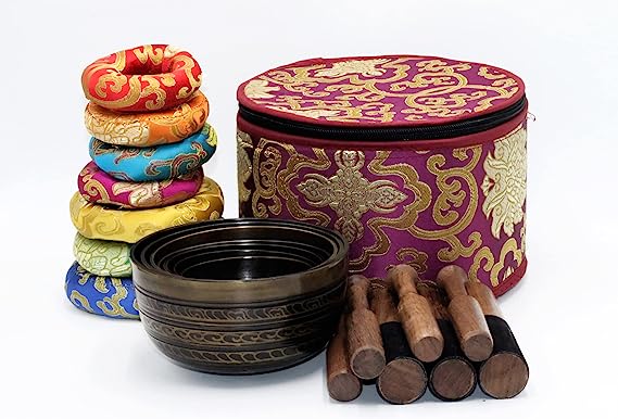 Tibetan Singing Bowl - Set of 7 - High Sided Black with Purple Carry Box by Singing Bowls House Nepal