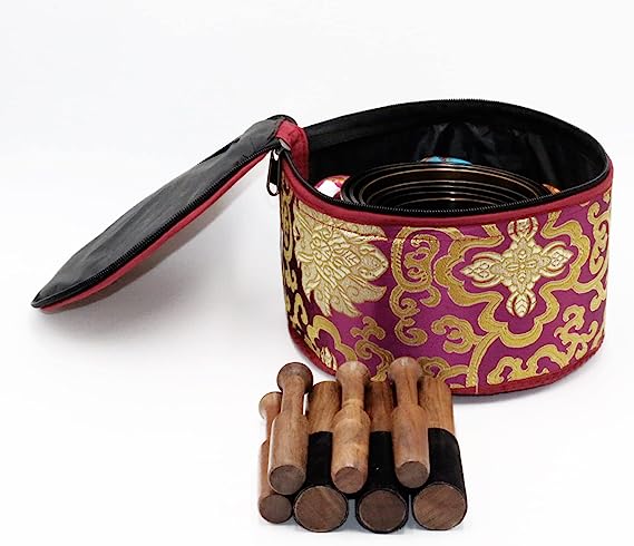 Tibetan Singing Bowl - Set of 7 - High Sided Black with Purple Carry Box by Singing Bowls House Nepal