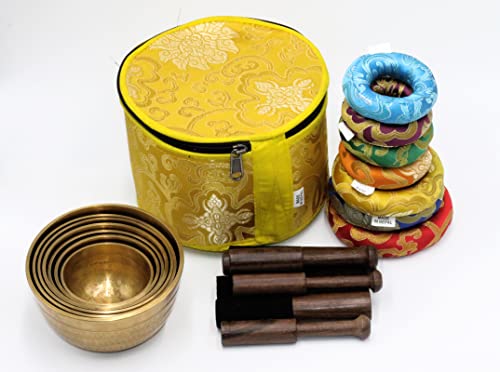 SANSKAR NEPAL Tibetan High Sided Plain Singing Bowl Set in a Yellow Carry Box for Meditation, Yoga, Relaxation (7 Sets with diameter ranging 3" - 5")