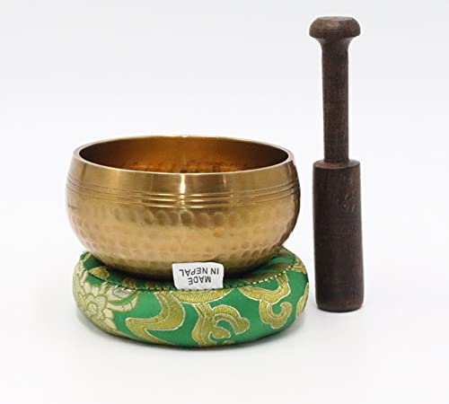 SANSKAR NEPAL Tibetan Hand Hammered Singing Bowl - 3.5 Inches - For Meditation, Yoga, Sound Therapy, Spiritual Healing, Prayer, Mind and Body Relaxation (3.5") (GREEN)