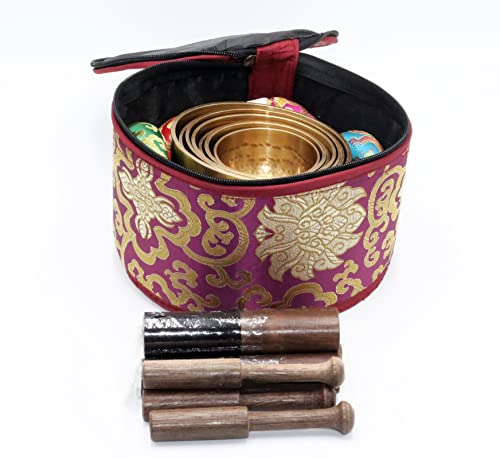 SANSKAR NEPAL Tibetan Singing Bowl Set of 7 High Sided with Carry Box | Bells for Meditation and Yoga | Sound Therapy Instruments for Relaxation | Singing Bowl Meditation Set for Chakra Healing Gold