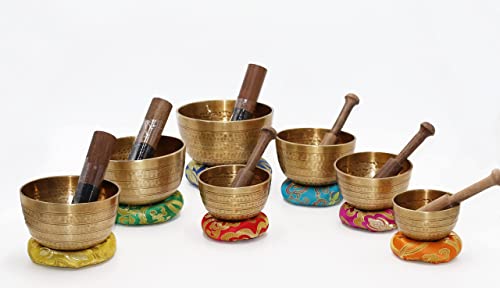 SANSKAR NEPAL Tibetan High Sided Plain Singing Bowl Set in a Yellow Carry Box for Meditation, Yoga, Relaxation (7 Sets with diameter ranging 3" - 5")