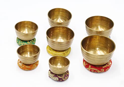 SANSKAR NEPAL Tibetan High Sided Plain Singing Bowl Set in a Yellow Carry Box for Meditation, Yoga, Relaxation (7 Sets with diameter ranging 3" - 5")