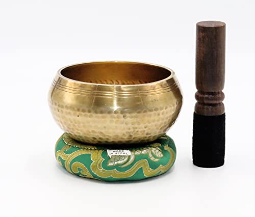 SANSKAR NEPAL Tibetan Hand Hammered Singing Bowl - 4 Inch - For Meditation, Yoga, Sound Therapy, Spiritual Healing, Prayer, Mind and Body Relaxation (4") (GREEN)