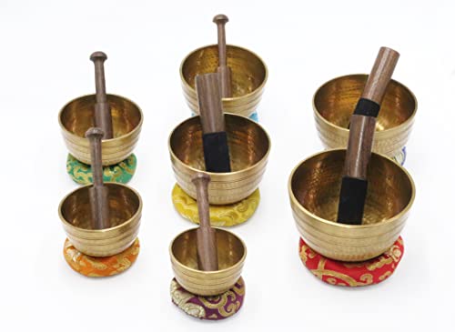 SANSKAR NEPAL Tibetan High Sided Plain Singing Bowl Set in a Yellow Carry Box for Meditation, Yoga, Relaxation (7 Sets with diameter ranging 3" - 5")