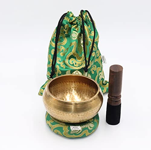 SANSKAR NEPAL Tibetan Hand Hammered Singing Bowl - 4 Inch - For Meditation, Yoga, Sound Therapy, Spiritual Healing, Prayer, Mind and Body Relaxation (4") (GREEN)