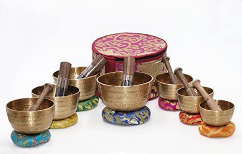 SANSKAR NEPAL Tibetan Singing Bowl Set of 7 High Sided with Carry Box | Bells for Meditation and Yoga | Sound Therapy Instruments for Relaxation | Singing Bowl Meditation Set for Chakra Healing Gold