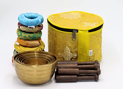 SANSKAR NEPAL Tibetan High Sided Plain Singing Bowl Set in a Yellow Carry Box for Meditation, Yoga, Relaxation (7 Sets with diameter ranging 3" - 5")