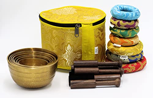 SANSKAR NEPAL Tibetan High Sided Plain Singing Bowl Set in a Yellow Carry Box for Meditation, Yoga, Relaxation (7 Sets with diameter ranging 3" - 5")